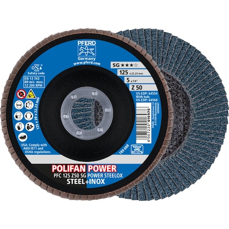 Pferd Flap Disc, 5''x7/8, Z SG POWER STEELOX, 50 Grit, T29, Conical, Zirconia 64554